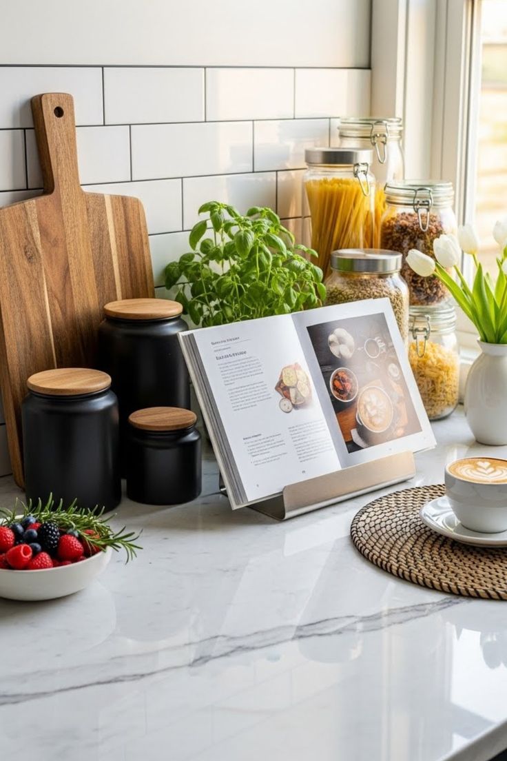 A clear kitchen counter with a few jars, a board and a single bowl